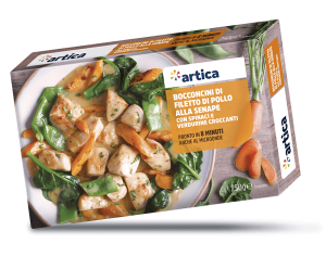 Chicken fillet morsels with mustard, spinach and crunchy chopped vegetables